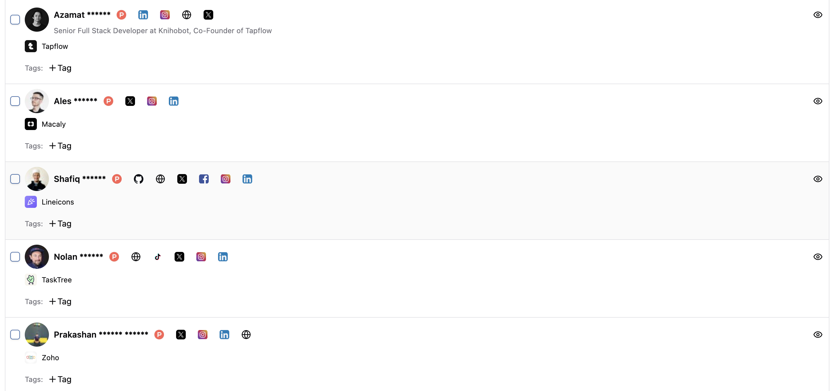 Startup List dashboard showing comprehensive contact information including email, LinkedIn, and social media profiles